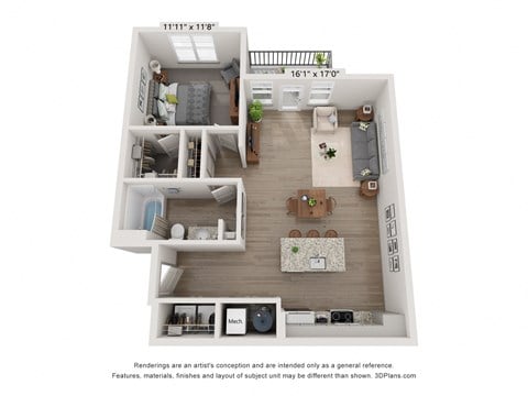 Floor plan for 1 bed, 1 bath, 860 sqft